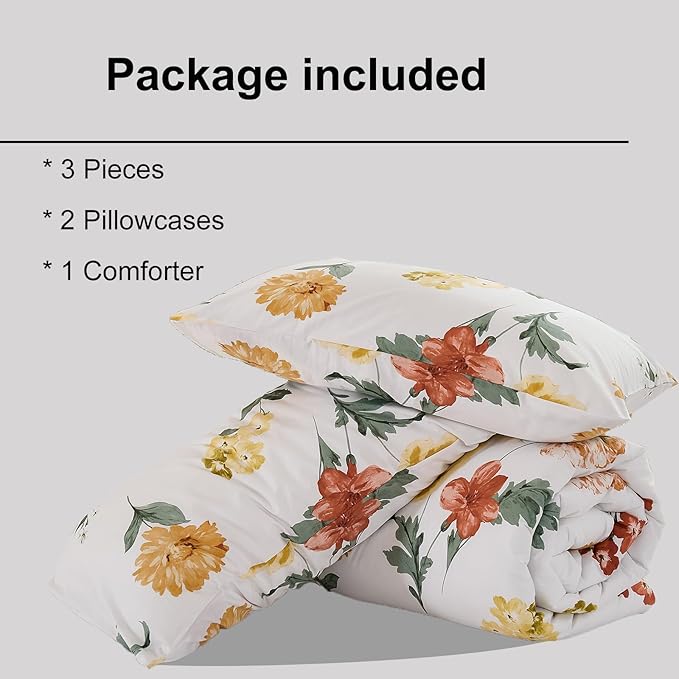 Yellow Floral Comforter Set Cute Botanical Bedding King 100% Cotton Floral Vintage & Country Cottage Bedroom Decor Soft Reversible