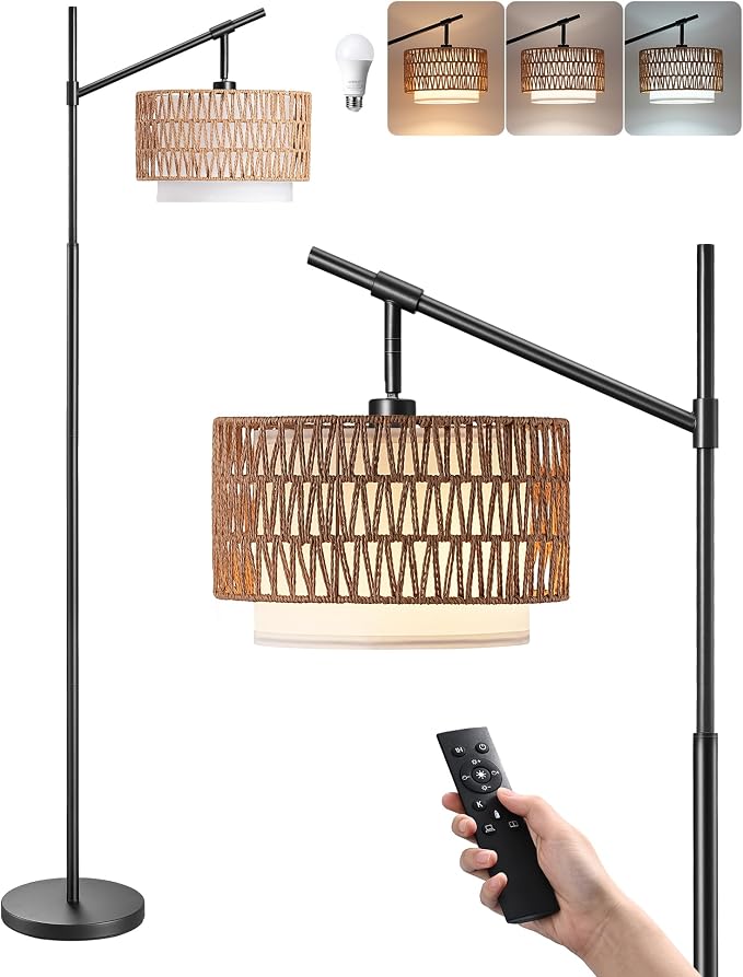 EDISHINE Rattan Floor Lamp with Dimmable Bulb, 5 Color Temperatures, Adjustable Farmhouse Standing Lamp with Remote, Black Floor Lamps for Living Room, Office, Bedroom