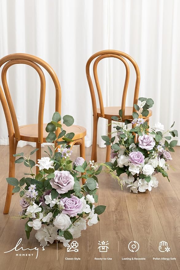 Ling's moment 17.5" Tall Free Standing Artificial Flowers Arrangements 2 pcs Wedding Aisle Runner Chair Decorations Lilac & White Centerpieces for Ceremony Reception Rose Floral Floor Party Outdoor