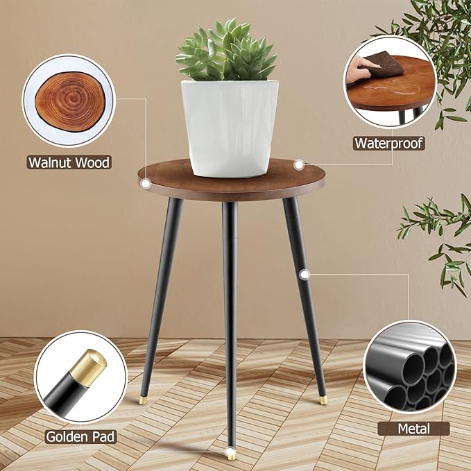KINNARY Plant Stand Indoor, Mid Century Wood Plant Stand Plant Table for Flower Pots, Heavy Duty Metal Tall Plant Holder, Modern Home Decor Small Round Side End Table (11.8"x16")