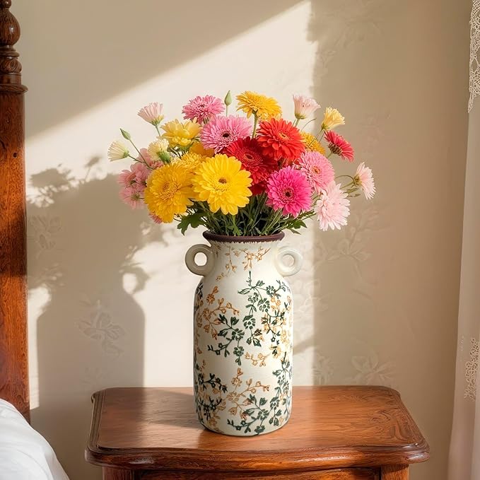 Vintage Ceramic Flower Vase Home Decor - Tabletop Rustic Tall Vase for Decor Living Room Bookshelf Office Kitchen Farmhouse, White Vases for Bouquet, Symmetric Holes | Grand Millennial | 9.1inch