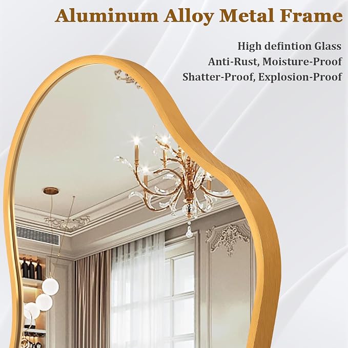 Irregcular Wall Mirror 26"x16" Gold Asymmetrical Bathroom Mirror Metal Framed Modern Decorative Vanity Mirrors for Bedroom Living Room Entryway