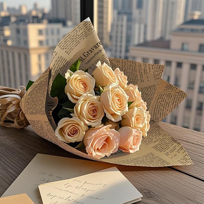 WRAPAHOLIC 20 Sheets Kraft Flower Wrapping Paper - 19.6 x 27.5 inch Retro Black Lettering Floral Bouquet Wrapping, Florist Supplies Packaging Paper for Wedding Birthday Gift DIY
