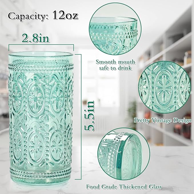 Darlion 6 Pack Highball Embossed Beverage Glass Cup, 12oz Green Glassware Drinking, Vintage Drinking Glasses, Colored Water Glasses for Party Wedding Home Office and Gift