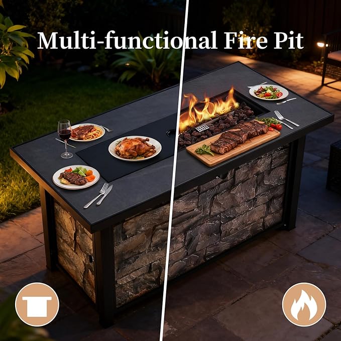48'' Propane Fire Pit Table, 50000 BTU Outdoor Gas Fire Pit, with Stone Panel, Ceramic Tabletop & Aluminum-Coated Steel Tube Legs, Lava Rocks, Metal Lid and Rain Cover for Outside Patio