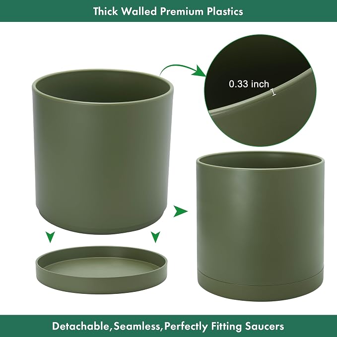 D'vine Dev 10 Inch Plastic Planter Pots for Plant Pot with Drainage Hole and Seamless Saucers, Olive, 74-X-I-2