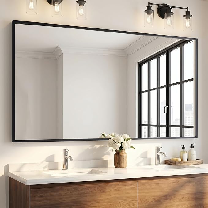 55"x30" Black Landscape Bathroom Mirror for Double Vanity, Shatterproof Tempered Glass, Narrow Metal Frame, Ultra-Flush Wall-Mounted