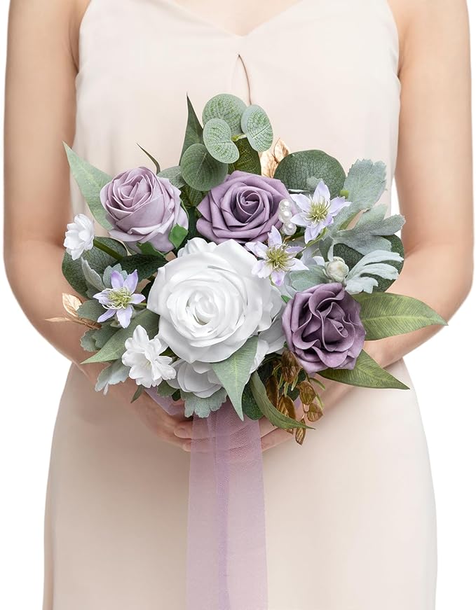 Ling's moment Purple Bridesmaid Bouquet, Wedding Bouquets for Bridesmaids, 7 Inch Bridal Bouquets for Bridesmaids, Wedding, Ceremony, Anniversary, etc.