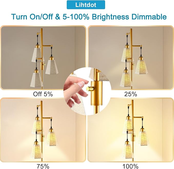 Lightdot 68IN Dimmable Floor Lamp for Living Room, Industrial 3-Light Tree Floor Lamps with LED E26 Bulbs Included, Mid Century Floor Lamp with Fabric Patterned Lampshades for Bedroom HOM Office-Gold