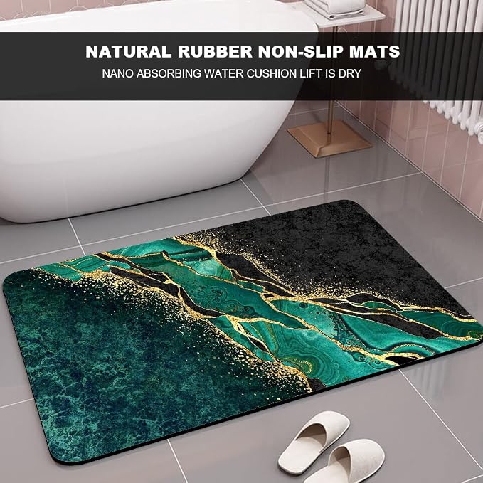 Diatomaceous Earth Bath Mat,Black and Green Gold Marble Non-Slip Volume Super Absorbent Fast Drying for Bathroom Kitchen Door mat,Eco-Friendly Easy to Clean 16×24Inch (40 * 60cm)