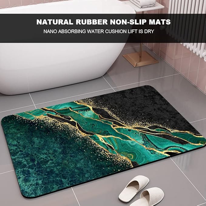 Diatomaceous Earth Bath Mat,Black and Green Gold Marble Non-Slip Volume Super Absorbent Fast Drying for Bathroom Kitchen Door mat,Eco-Friendly Easy to Clean 17×27.5Inch (43 * 70cm)