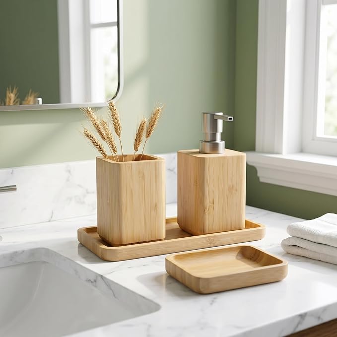Natural Bamboo Bathroom Accessory Set with Soap Dispenser, Toothbrush Holder, and Soap Dish and Tray, Handmade, Waterproof Design