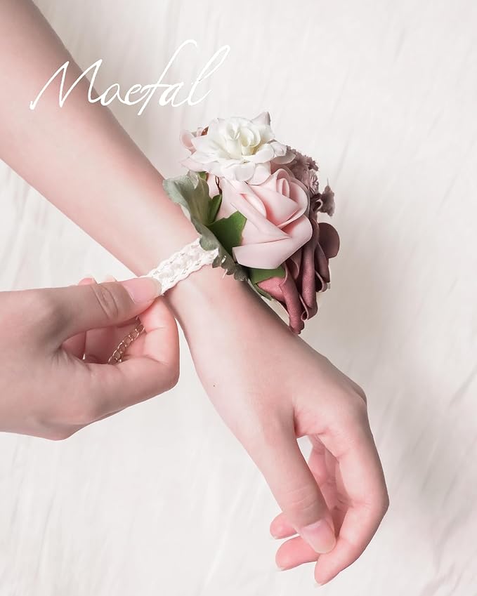 2 Pcs Artificial Flower Wrist Corsage Set, Elastic Wristlet for Prom Wedding Bridesmaid Homecoming Party Anniversary Decoration (Dusty Rose)
