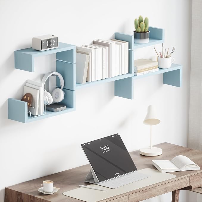 SRIWATANA Floating Shelves for Wall, Wall Shelves for Bathroom, Bedroom, Living Room, Kitchen, Office, Wood Shelves for Wall Decor Set of 5 (Blue)