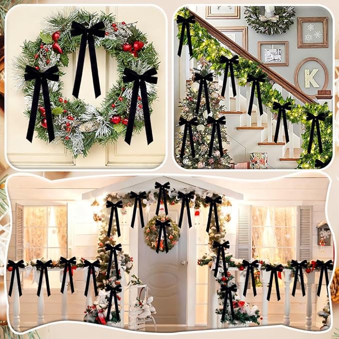 JOICEE 15Pcs Black Velvet Bows, 5in x 12in Christmas Tree Wreath Bows Rustic Crafts Gift Ribbon Bow for Xmas Tree Topper Wreath Garland Fireplace Mantel Staircase Wedding Home Decor