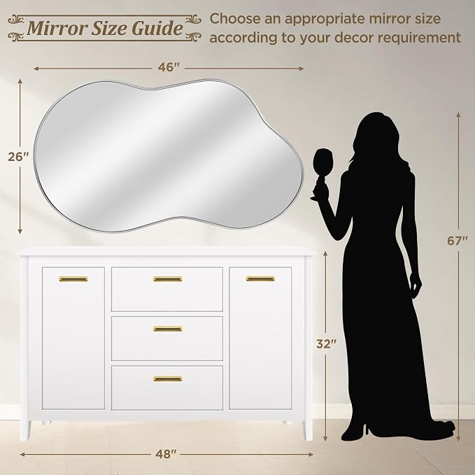 Dorlicecass Bathroom Mirror - Silver Irregular Wall Mirrors Decorative 26"x46" Asymmetrical Tempered Glass Aviation Aluminum Alloy Frame for Vanity, Bedroom, Living Room, Cloakroom, Entryway