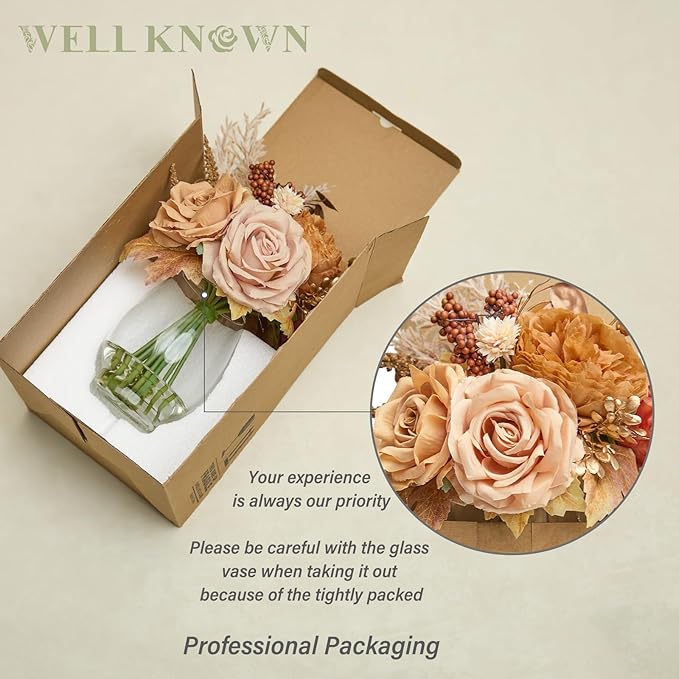 Artificial Flowers in Vase with Fake Water, Fake Terracotta Coffee Earth Tone Silk Rose Gold Berry Flowers Arrangement for Winter Home Decor Dining Table Centerpiece Wedding Christmas Party Gift