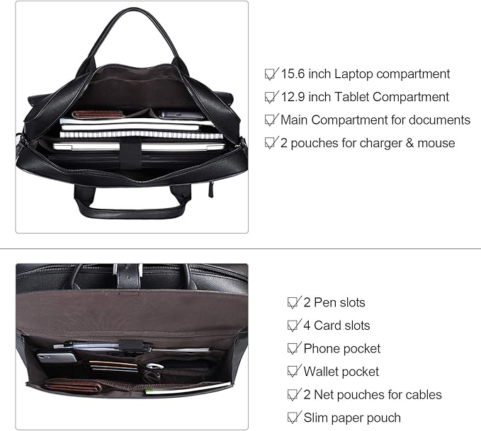 ESTARER Laptop Briefcase 15.6 Inch, Men’s Briefcase for Business/Travel, Leather Computer Office Work Bag, Water Resistant Laptop Bag, Black