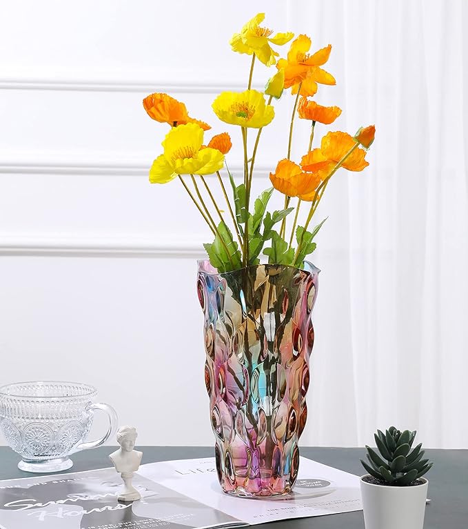 9.5" High Thickened Colorful Glass Flower Vase for Home Decor, Dining Wedding Table Office Holiday Party Centerpiece Decoration