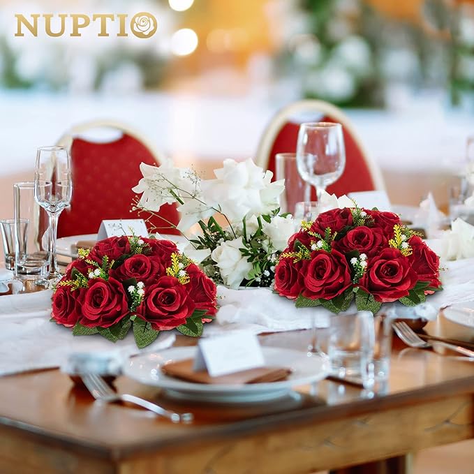 NUPTIO Flower Wedding Centrepieces for Tables - 6 Pcs 9.5in Diameter Crimson Artificial Flowers Rose Ball for Centerpieces Table - Fake Rose Arrangements for Weddings Birthday Party Decor