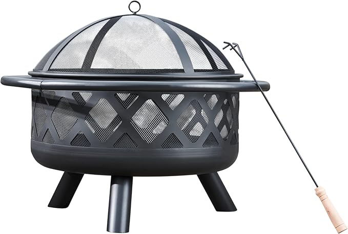 Teamson Home Round Steel Outdoor Fire Pit Outside Wood Burning Firepit Bonfire with Firebowl, Poker, Mesh Screen for Patio Garden Backyard BBQ, 30 Inch, Black