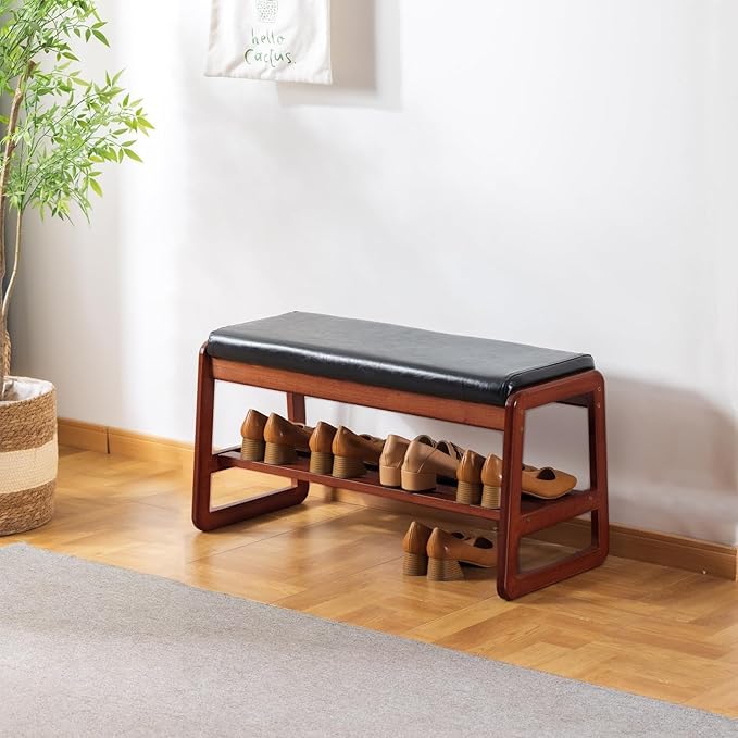 SOBIBO Solid Wood Shoe Bench, 2-Tier Wooden Entryway Bench, Modern Shoe Rack with Faux Leather Cushion for Hallway, Living Room (Black, 31.5'')