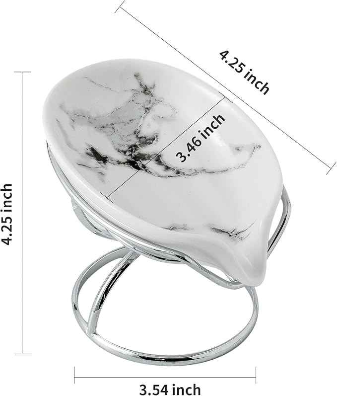 Dobbyby Leaf-Shaped Soap Dish – Ceramic Soap Bar Holder with Self-Drainage System – Bar Soap Holder for Shower, Bathroom Sink, Kitchen – Soap Dish with Stainless Steel Stand (White-Sliver-2 Pack)