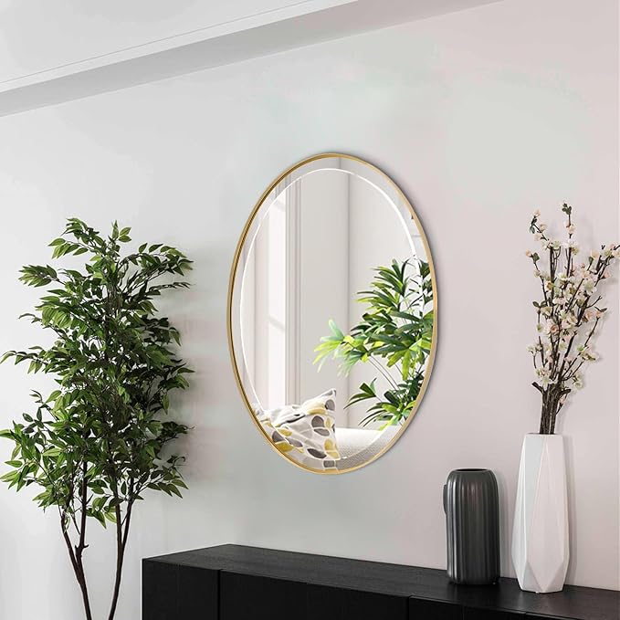 POZINO Oval Beveled Mirror, 20"x28" Brush Gold Vanity Mirror for Over Sink, Modern Brass Wall Mirrors for Bathroom Bedroom Living Room Hallway Entryway, Hangs Vertically or Horizontally