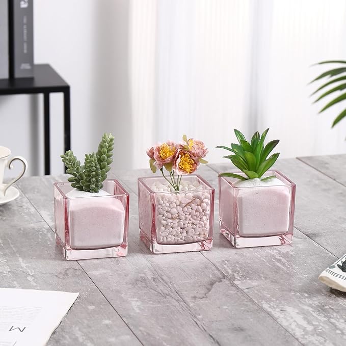 Square Vases Set of 6, 3"x 3"x 3" Glass Vases for Flowers, Square Flower Vase for Centerpieces, Small Pink Vase for Wedding, Party, Home Office Decoration