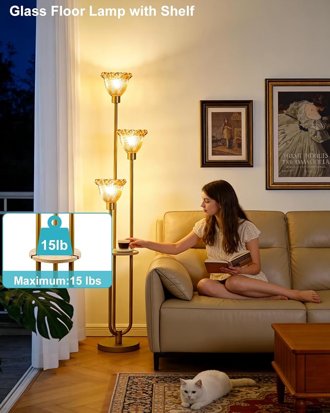 Lightdot Glass Floor Lamp for Living Room Gold with Amber Glass Shade & 3000K Bulbs Included 3-Lights Modern Tall Standing Lamp with 5Lbs Heavy Base for Bedroom/Sofa Beside/Corner Decor/Party