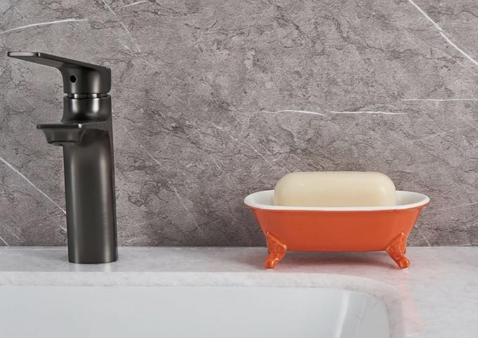 6.5" Ceramic Mini Decorative Clawfoot Bathtub Bar Soap Dish, Kitchen Sponge Holder and Shower Tray for Bathroom, 1 Pack(Dark Orange)