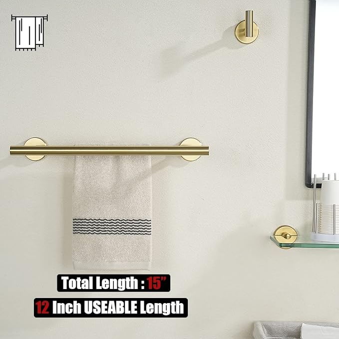 JQK Double Towel Bar Gold, 15 Inch 304 Stainless Steel Thicken 0.8mm Towel Rack Holder for Bathroom Washcloths and Hand Towels, Brushed Gold Wall Mount, Useable Length 12 Inch, TB100L12-BG