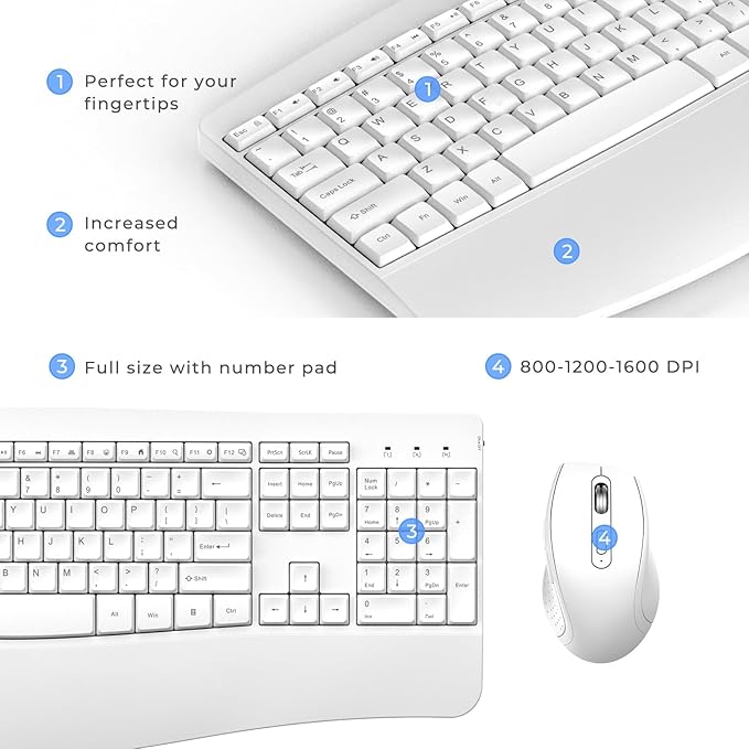 Ergonomic Keyboard and Mouse Combo, Full Size Cordless Computer Keyboard with Palm Wrist Rest Ergonomic Mouse for Windows Computers Laptops - White