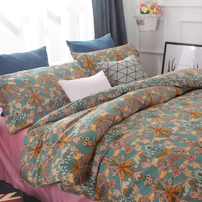 VM VOUGEMARKET Bohemia Comforter Set King,3 Piece Sage Green Flower Comforter with 2 Pillowcases,Green Golden Elegant Bedding Set