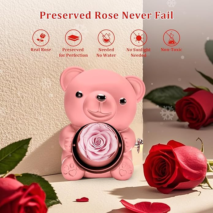 HITOP Rose Gifts for Women - Cute Teddy Bear with Preserved Real Roses Forever Flowers and I Love You in 100 Languages Necklace for Girlfriend Her Wife Mom Grandma on Birthdays, Anniversaries