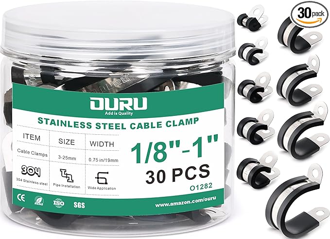 OURU 30PCS Stainless Steel Cable Clamps 9 Sizes—1/8" 3/16" 1/4" 5/16" 3/8" 1/2" 5/8" 3/4" 1" Rubber Coated Cushioned Insulated Cable Clamp,Automotive Cable Wire Clamps,Pipe Clamps(Black)