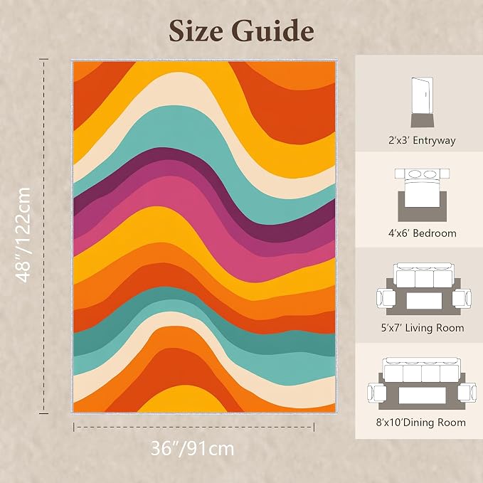 Retro 70s Area Rug 3x4, Mid Century Modern Abstract Wavy Carpet, Colorful Rainbow Swirl Rug for Living Room Bedroom Office, Non-Slip Washable Indoor Floor Mat