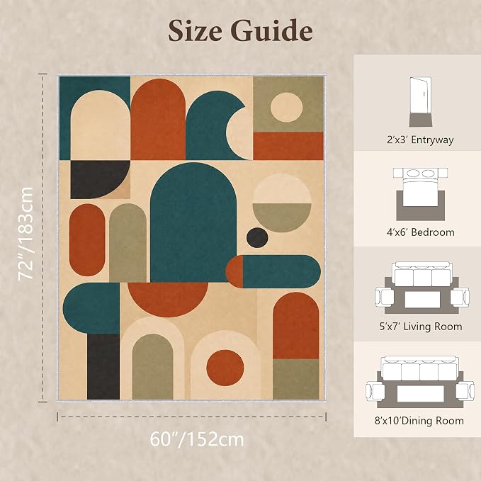 Teal Rust Area Rug 5x6, Mid Century Modern Mosaic Geometric Rug, Retro Abstract Color Block Washable Low Pile Non Slip Rug for Living Room Bedroom