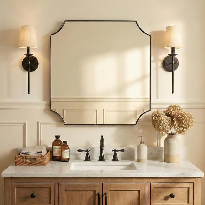 ANDY STAR 30"x30" Square Bathroom Mirror, Matte Black Vanity Mirror, Modern Scalloped Bathroom Mirror in Premium Stainless Steel Frame, Unique Scalloped Corner Design Ideal for Bathroom Remodel