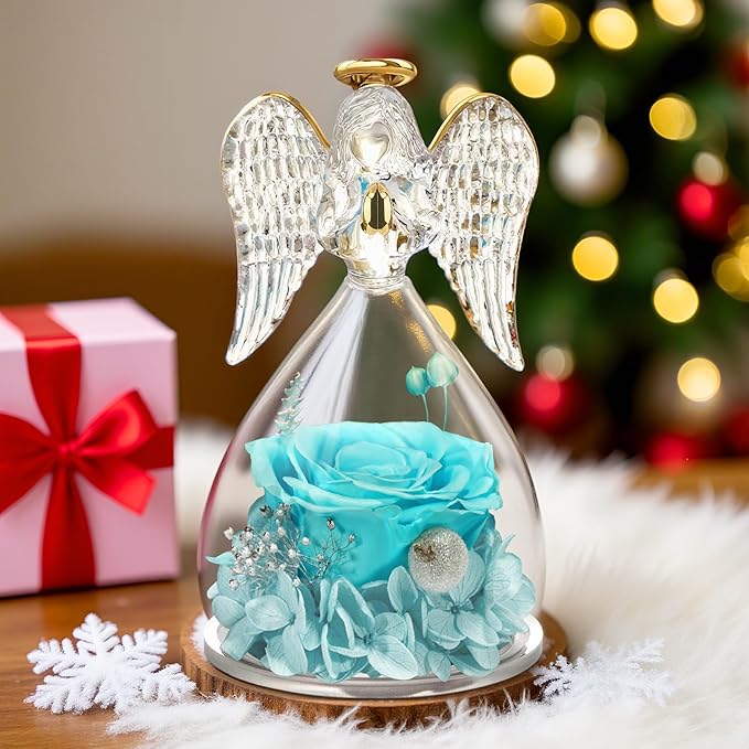 Yamonic Mom Birthday Gifts for Mom, Glass Angel Figurines with Real Rose Gifts for Her Moms Grandma,Preserved Flowers Rose Angel Figurines for Mothers Day Christmas Anniversary Birthday Gifts for Her