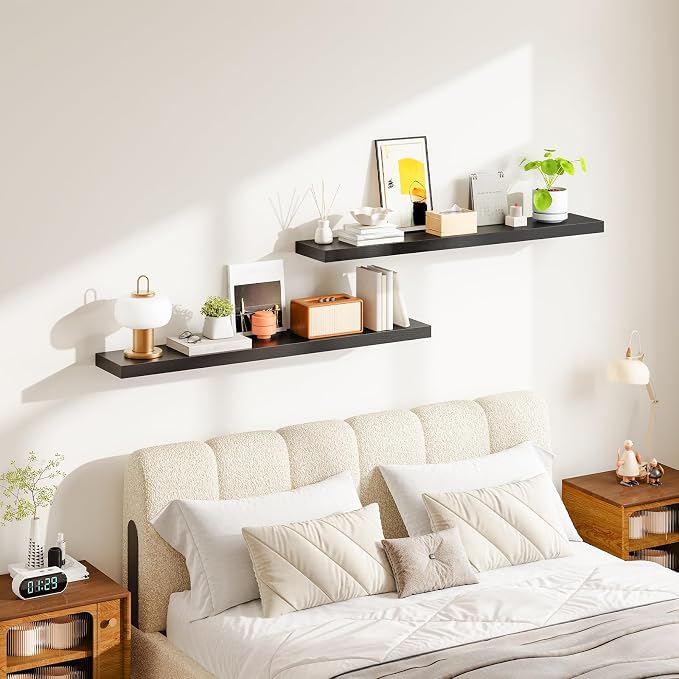 HOOBRO Floating Shelves for Wall, Wall Mounted Shelf Set of 2, 47.2" Hanging Shelf with Invisible Brackets, for Wall Decor Storage in Bathroom Bedroom Kitchen Living Room Office, Black BK120BJP201