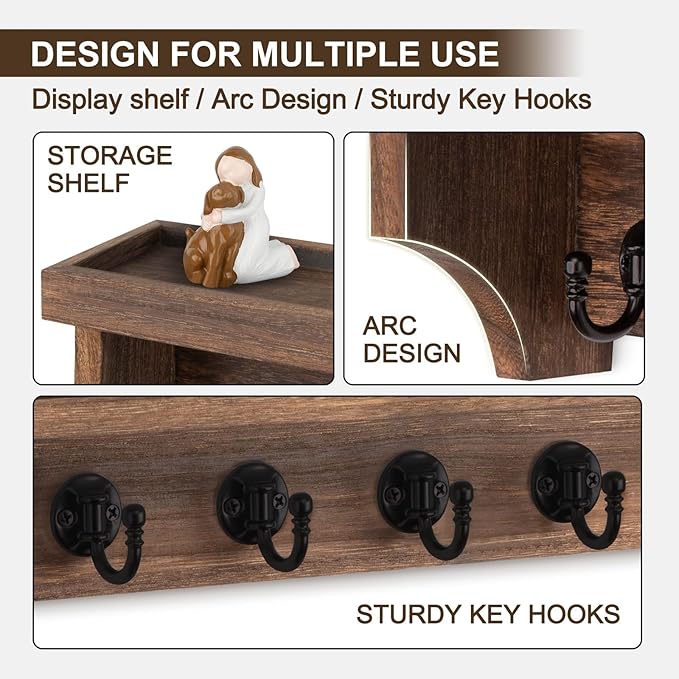 Lucundm Key and Mail Holder Wall Mount, Key Holder with Shelf and Mail Organizer Wall Mount. Mail Holder with 5 Hooks for Coat, Dog Leash, Home Decor Rack, Entry Way Organizer (Brown)