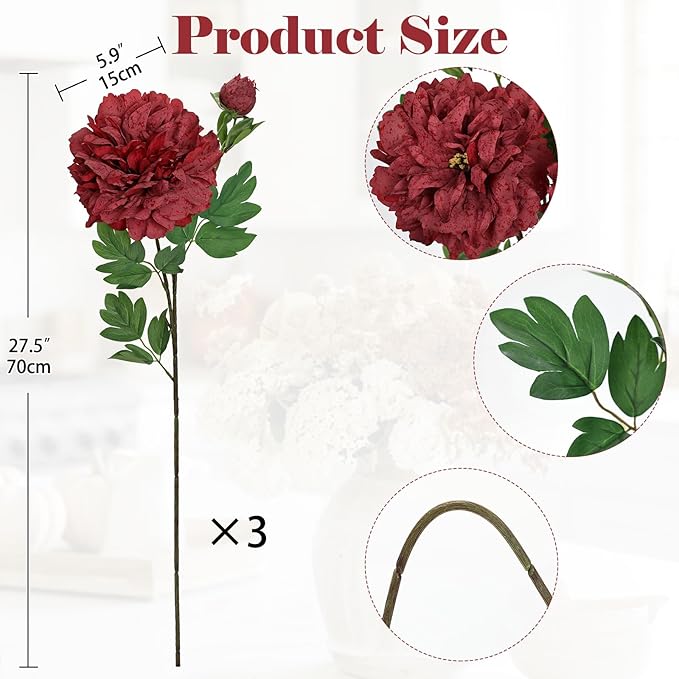 Dark Red Peonies Artificial Flowers 3Pcs Fall Flowers for Fall Decoration 27.5" Real Touch Silk Faux Peony Flower with Stems for Home Autumn Floral Arrangement Vase Table Centerpieces Bouquet Decor