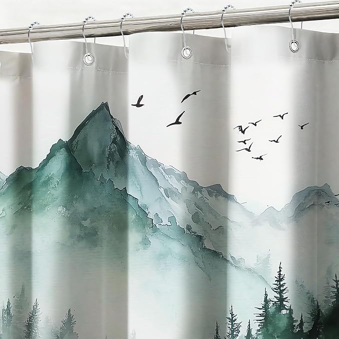 Rustic Green Mountain Shower Curtain Natural Tree Scenery Shower Curtains for Bathroom Waterproof Fabric Bath Curtain Decor with Hooks