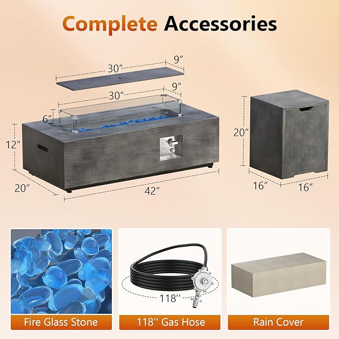 2-Piece 42" Rectangular Propane Fire Pit for Outside Patio with Hidden Tank Table, 50,000 BTU Fireplaces with Glass Wind Guard, Lid, Glass Rocks, Cover(Grey Wood Grain)