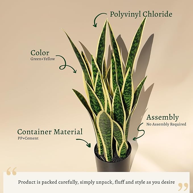 KOL 25.6’’ 2-Pack Artificial Snake Plant, Mother in Law Tongue Plants, 2ft Fake Sansevieria Indoor, 32 Realistic Leaves in Pot, Home Office Hotel Garden Corner Decor, Yellow