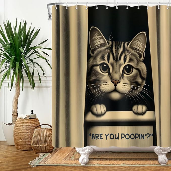Cat Shower Curtains Cute are You Poopin' Funny Humorous Animal Whimsical Bathroom Curtain Curious Joke Cat Shower Curtain Sets for Bathroom Extra Long 72x78 in with 12 Hooks