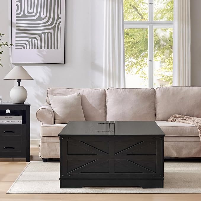 Farmhouse Living Room Table Set of 3, 2 Drawer Dresser End Table with Charging Station and 1 Coffee Table with Large Hidden Storage, Farmhouse Coffee Table Set for Living Room, Office, Black