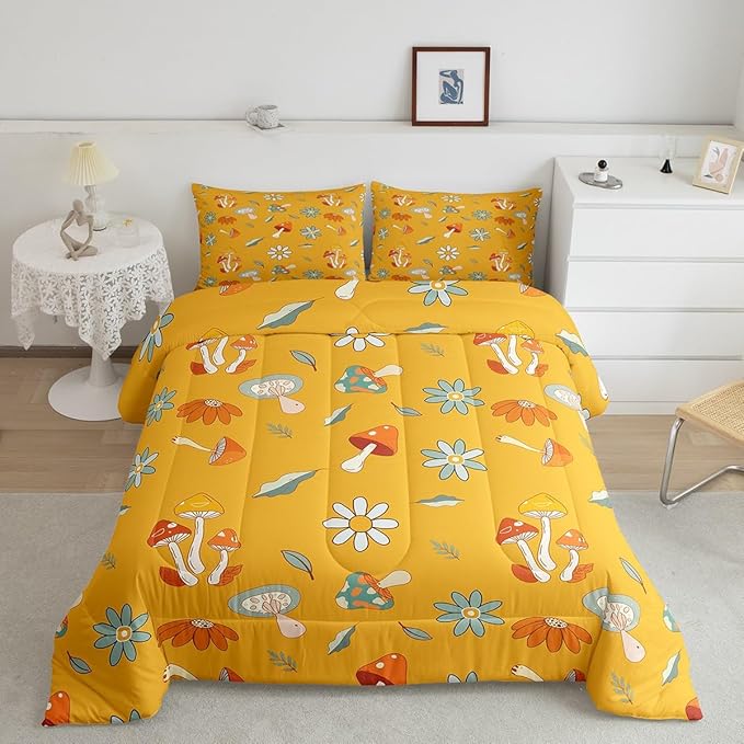 Castle Fairy Retro Hippie Mushroom Bedding Comforters King Size,Groovy Flowers Floral Duvet Set for Bedroom Decor,Yellow Boho Trippy Durable Comforter Set with 2 Pillowcases