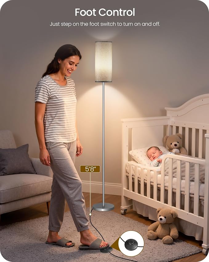 Dimmable Floor Lamps for Living Room with Remote and Foot Switch, 64.4” Modern Standing Tall Lamp, Corner Lamp for Bedroom, Office, Bulb Included, 3000K-6500K, Gray and Silver, FCC Listed SH06LD05W1